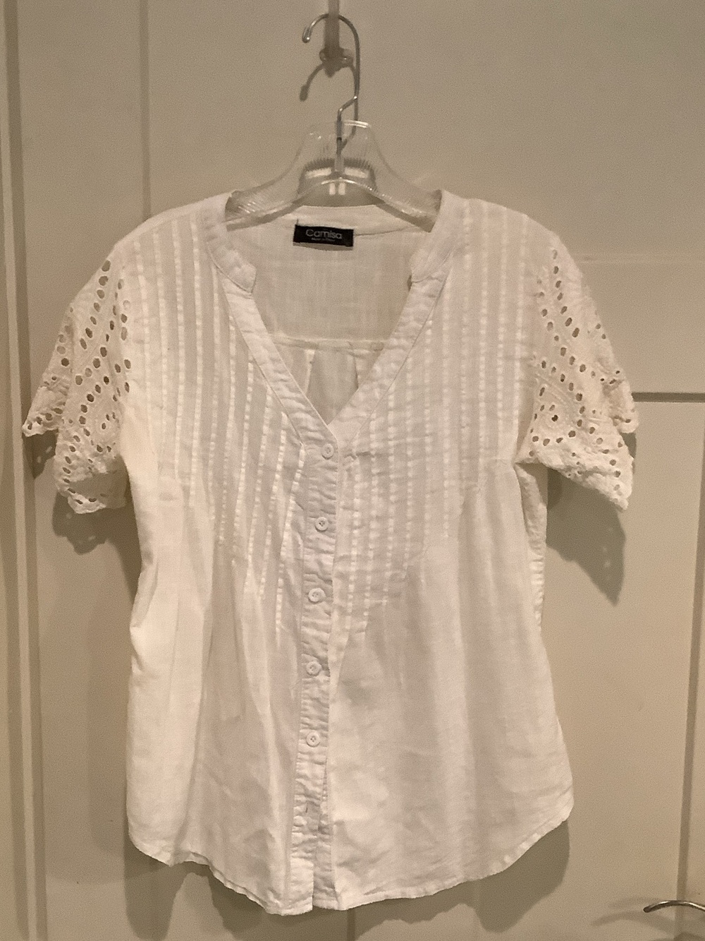 White Eyelet-Sleeve Button Front Blouse